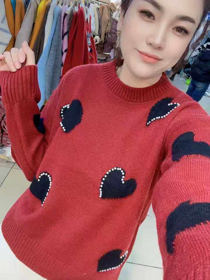 2025秋冬新款韩版宽松显瘦圆领长袖针织衫女休闲百搭上衣重工长袖