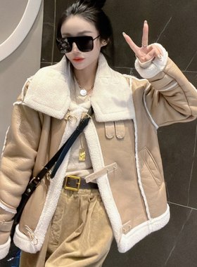 娜格调欧货洋气颗粒绒翻毛人造皮毛一体2023秋冬时尚经典保暖棉衣