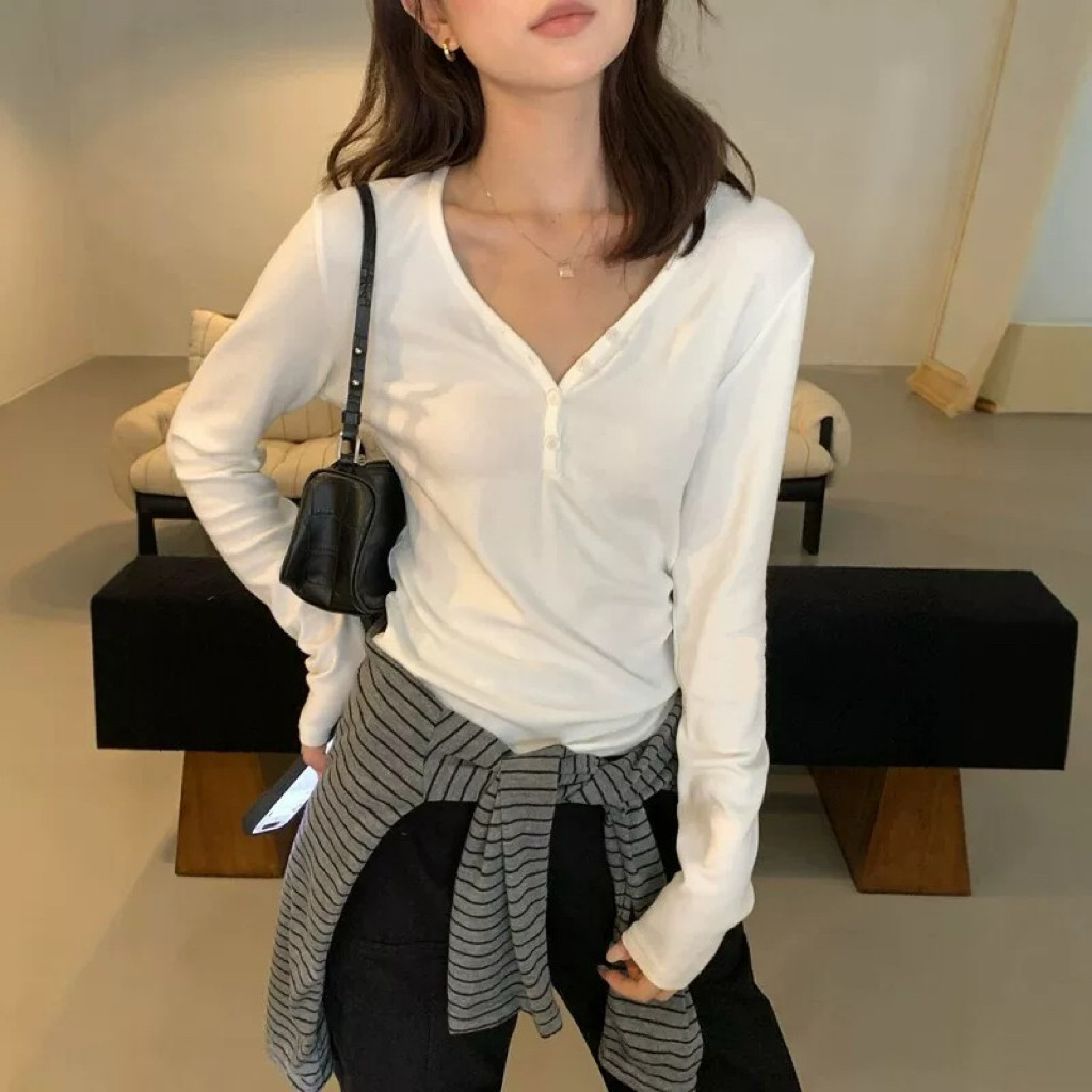 秋冬V领长袖显瘦亨利打底衫女