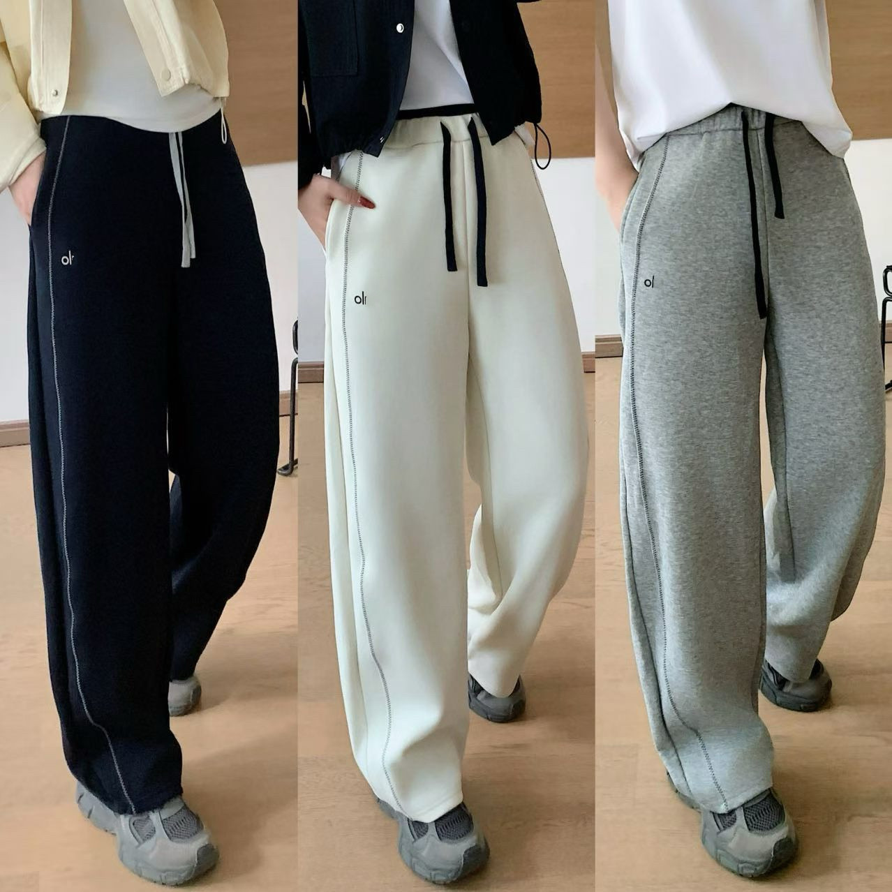 秋冬高腰抽绳显瘦棉质阔腿裤女