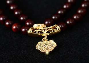 印度小叶紫檀黄金手链108颗老料 时尚民族风佛珠手串金锁牡丹花