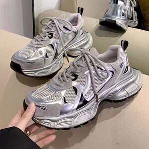 韩国2024春夏厚底时尚老爹鞋女透气轻便百搭银色休闲增高运动鞋