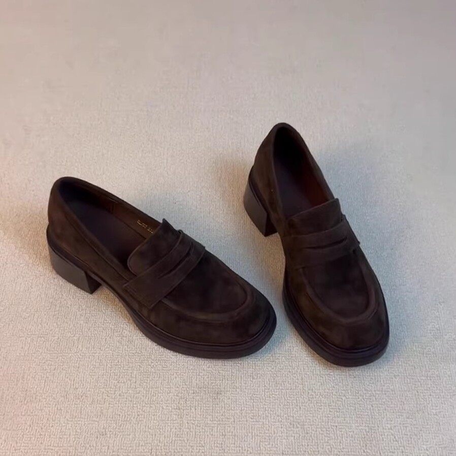 小个子百搭复古绒面简约粗跟乐福鞋女一脚蹬通勤单鞋圆头英伦皮鞋,女鞋,浅口单鞋,淘宝优惠券,粉丝福利购,淘宝优惠卷