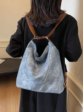 大容量上班通勤托特包包女2024新款蓝色皮质一包三用斜挎包双肩包