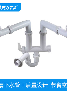 天力室外水槽双槽下水管 洗菜盆落水管 白色入墙防臭GR005C002
