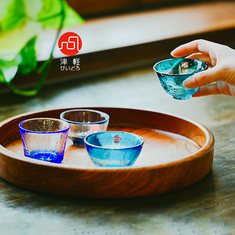 日本进口津轻玻璃杯手作彩色清酒杯4只套装日式酒具烧酒杯白酒杯