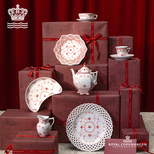 丹麦RoyalCopenhagen皇家哥本哈根宝石红全蕾丝唐草手绘餐具碗盘