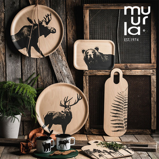 芬兰muurla搪瓷杯nordic系列手工木制长方形家用早餐茶盘圆形托盘