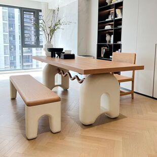 原木色中古风桌子麦兜餐桌原创设计法式奶油风复古实木餐桌椅组合