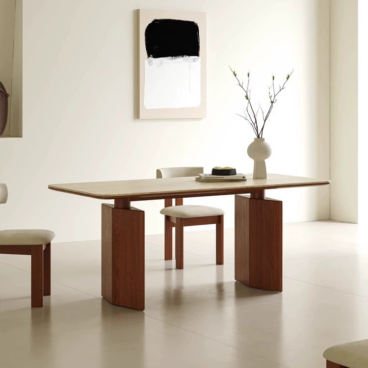 中古实木岩板洞石餐桌简约复古长方形家用饭桌北欧设计师创意桌子