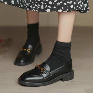 粗跟软底鞋 一脚蹬乐福鞋 女2023年春季 秋百搭单鞋 新款 英伦风小皮鞋