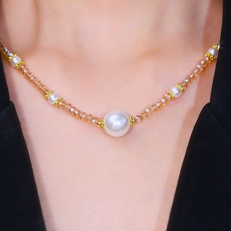 BF时尚简约韩版新款粉水晶串珠锁骨链日常通勤百搭高级感珍珠锁骨