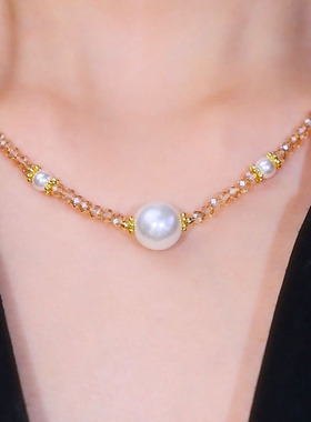 BF时尚简约韩版新款粉水晶串珠锁骨链日常通勤百搭高级感珍珠锁骨