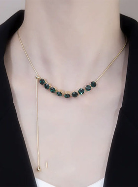 BF可抽拉绿色水晶项链轻奢小众设计感高级锁骨链配饰超闪气质颈链