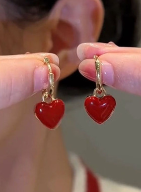 BF红色爱心滴釉耳环女2022新款潮小众复古港风耳饰喜庆过年耳坠耳