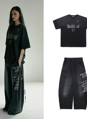 韩国badblood复古高街水洗拖地裤男女百搭休闲宽松垂感弯刀阔腿裤