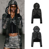 badblood美式 复古辣妹格子连帽卫衣刺绣贴补街头运动休闲外套上衣