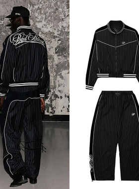 韩国badblood美式复古早秋运动风短款夹克外套宽松休闲弯刀裤套装