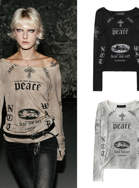 韩国badblood美式复古辣妹做旧印花长袖早秋露肩一字领罩衫上衣