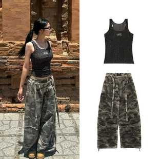 套装 背心迷彩宽松弯刀裤 辣妹穿搭潮 穿搭豹纹修身 韩国badblood美式