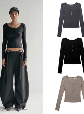 badblood美式基础款修身纽扣长袖T恤小众字母刺绣短款打底衫上衣