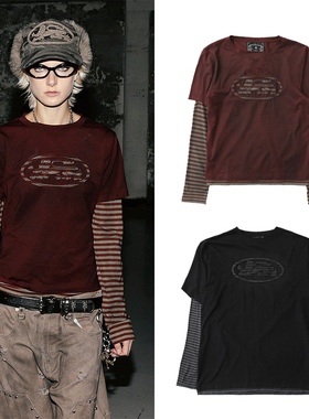 韩国badblood美式复古刺绣条纹拼接假两件长袖T恤街头休闲上衣潮