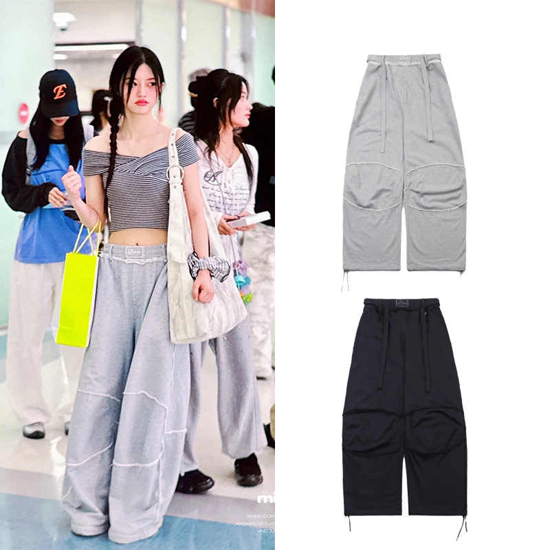 朴敏珠minju同款badblood美式风刺绣休闲裤宽松阔腿运动拖地长裤