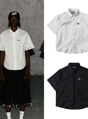 韩国badblood美式复古短袖衬衫休闲学院风宽松条纹衬衣减龄上衣潮