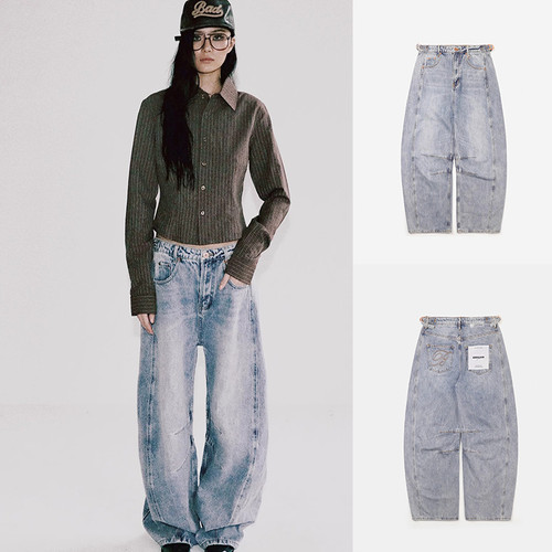 韩国badblood美式复古水洗阔腿牛仔裤女休闲宽松垂感弯刀拖地长裤