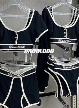韩国badblood字母刺绣短款修身显瘦T恤美式辣妹健身运动短袖上衣