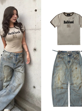 韩国badblood美式复古街头做旧脏染牛仔裤运动休闲短袖阔腿弯刀裤