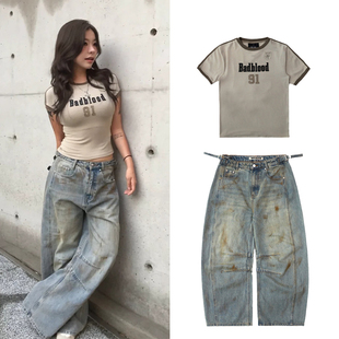 阔腿弯刀裤 运动休闲短袖 复古街头做旧脏染牛仔裤 韩国badblood美式