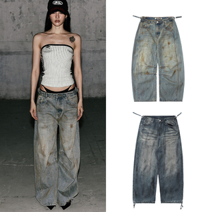 街头休闲脏染宽松阔腿弯刀裤 韩国badblood美式 复古水洗做旧牛仔裤