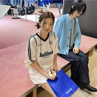 韩国潮牌Badblood宽松大版t恤女V领美式球衣运动宽松短袖上衣