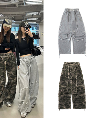 韩国badblood美式复古街头运动休闲裤迷彩豹纹刺绣字母宽松阔腿裤