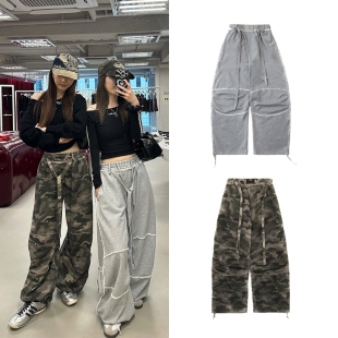 韩国badblood美式复古街头运动休闲裤迷彩豹纹刺绣字母宽松阔腿裤