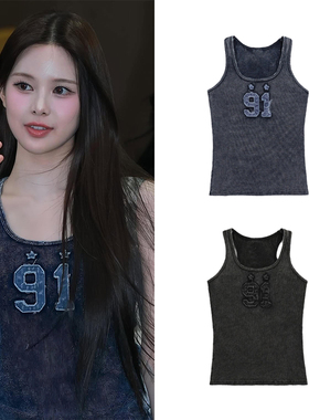 jeemin方智玟同款badblood美式街头做旧背心辣妹刺绣运动无袖上衣
