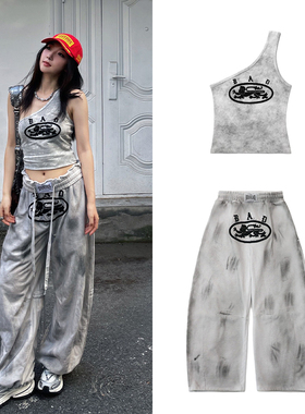 韩国badblood美式复古街头扎染运动休闲套装潮斜肩背心辣妹阔腿裤