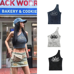 韩国badblood美式 上衣 复古街头辣妹刺绣字母露肩吊带背心斜肩无袖