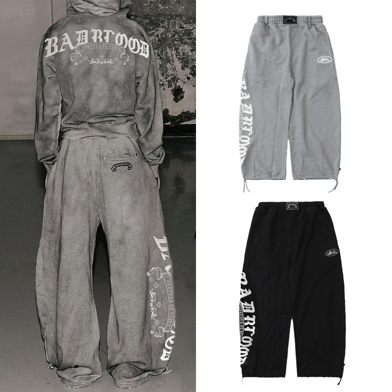 韩国badblood美式复古灰色弯刀休闲裤宽松字母刺绣运动阔腿卫裤潮,女装/女士精品,卫裤,淘宝优惠券,粉丝福利购,淘宝优惠卷