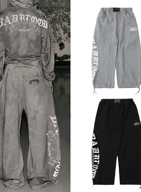 韩国badblood美式复古灰色弯刀休闲裤宽松字母刺绣运动阔腿卫裤潮
