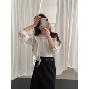 土布鱼8110早秋新款法式温柔风气质蝴蝶结飘带长袖衬衫上衣女