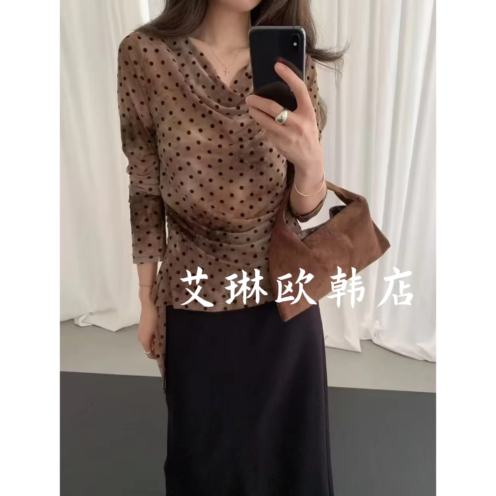 土布鱼8155早秋新款复古气质荡领修身显瘦波点网纱长袖上衣女