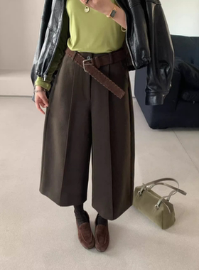 卡蔓OQQO MM267秋韩系配腰带高腰阔腿裤八分羊毛休闲裤女