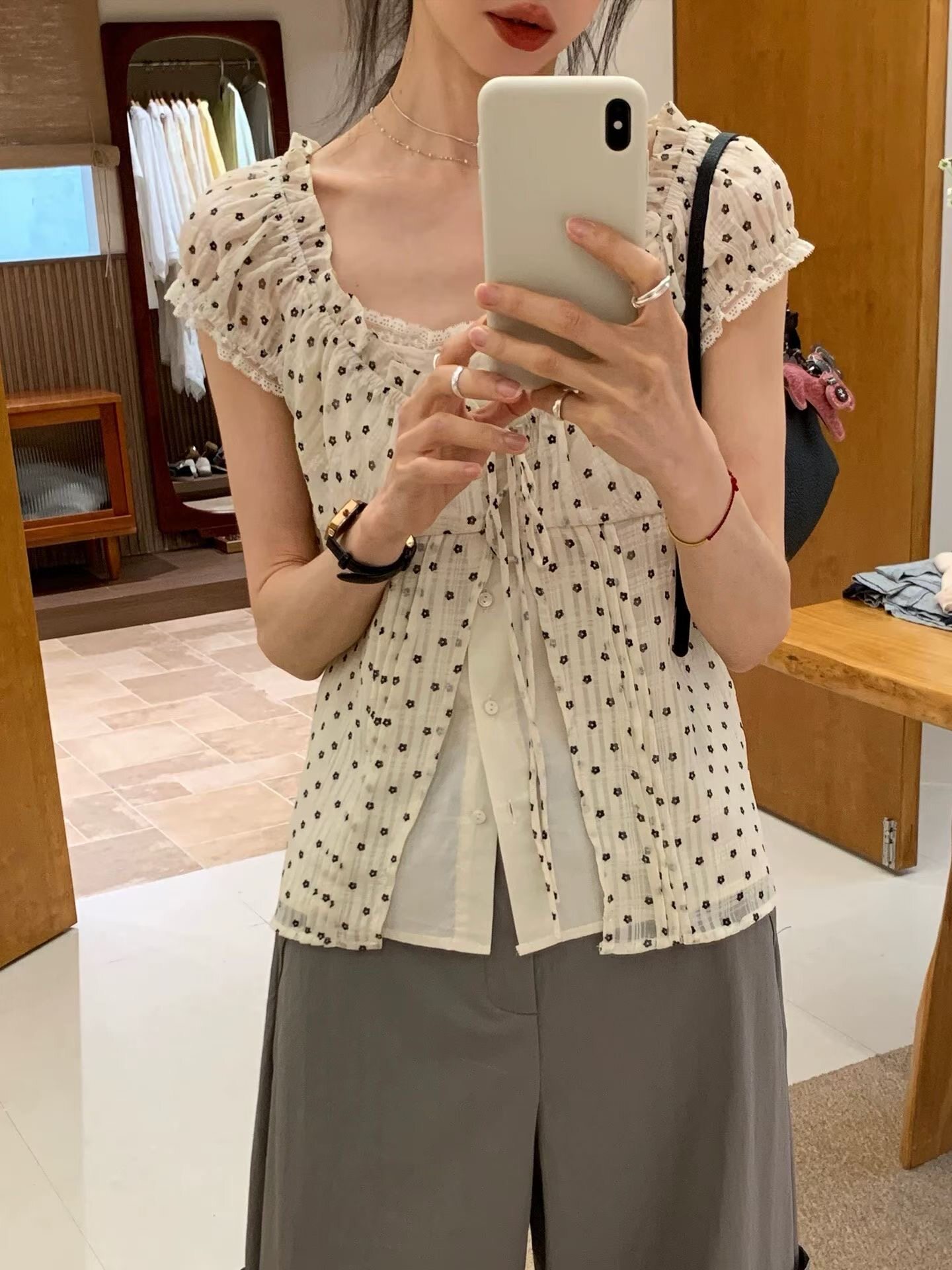 X.XIU新袖26071~夏韩系甜美假两件碎花绑带设计感短袖衬衫上衣女