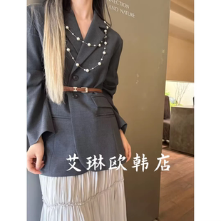 特价卡蔓OQQOMM505春款翻领中长款腰带收腰职业气质西装外套女