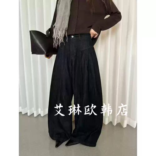 TOP68120-6松弛感立体压线牛仔阔腿裤女2026秋新款高腰百搭直筒裤