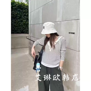 miluroom sicily米鹿59131秋款韩系复古条纹假两件连帽针织衫女