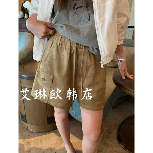 miluroom sicily米鹿80696秋款松紧腰抽绳麂皮绒工装阔腿裤短裤女