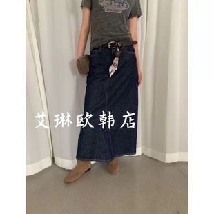 卡蔓enxi韩标2991早秋款配丝巾腰带中长款后开叉半身裙牛仔裙